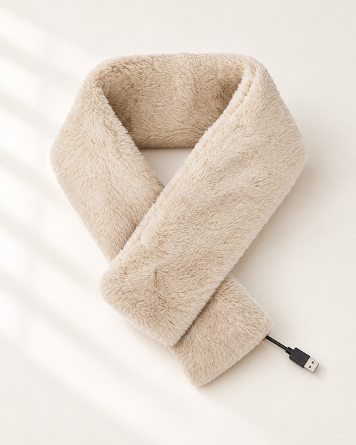 Camel Cinderly USB heated scarf folded on a warm off-white studio background