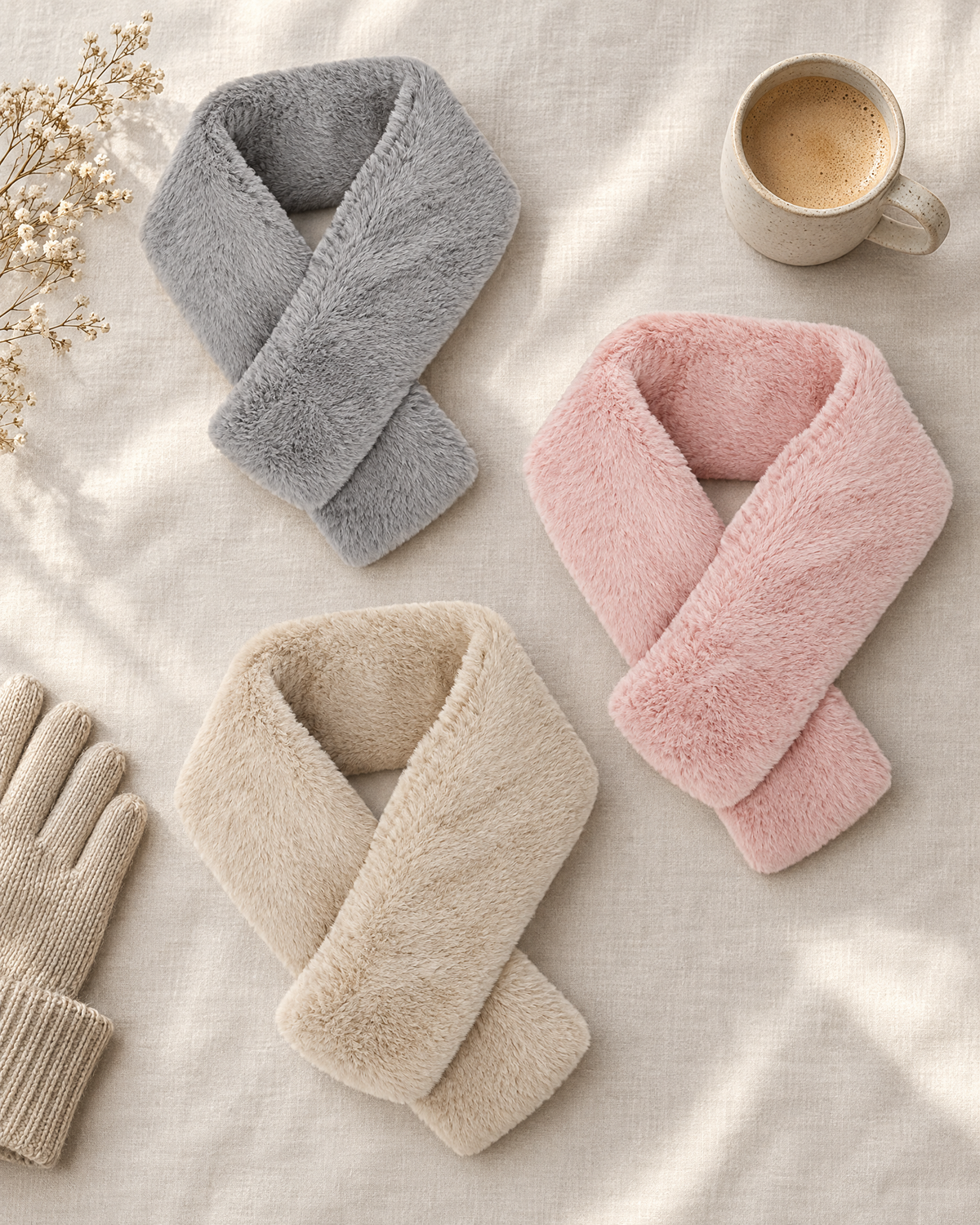 Flat lay of the grey, pink and camel Cinderly heated scarves with a mug