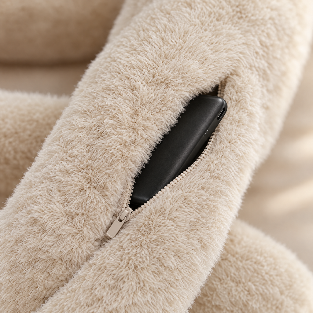 Close-up of the zipped inner pocket of the scarf with a power bank