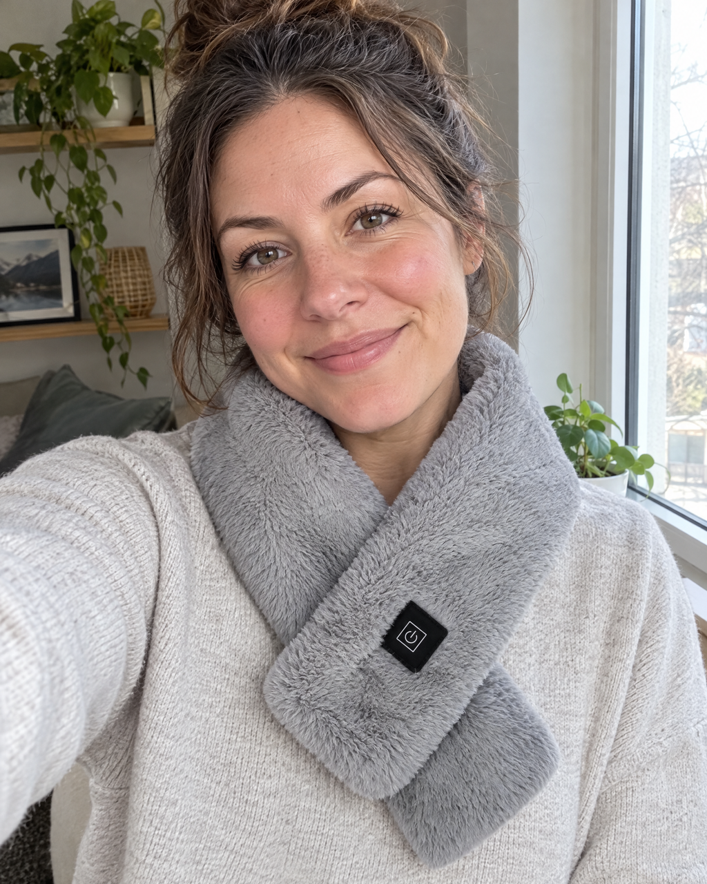 Woman smiling in a selfie wearing the grey Cinderly USB heated scarf
