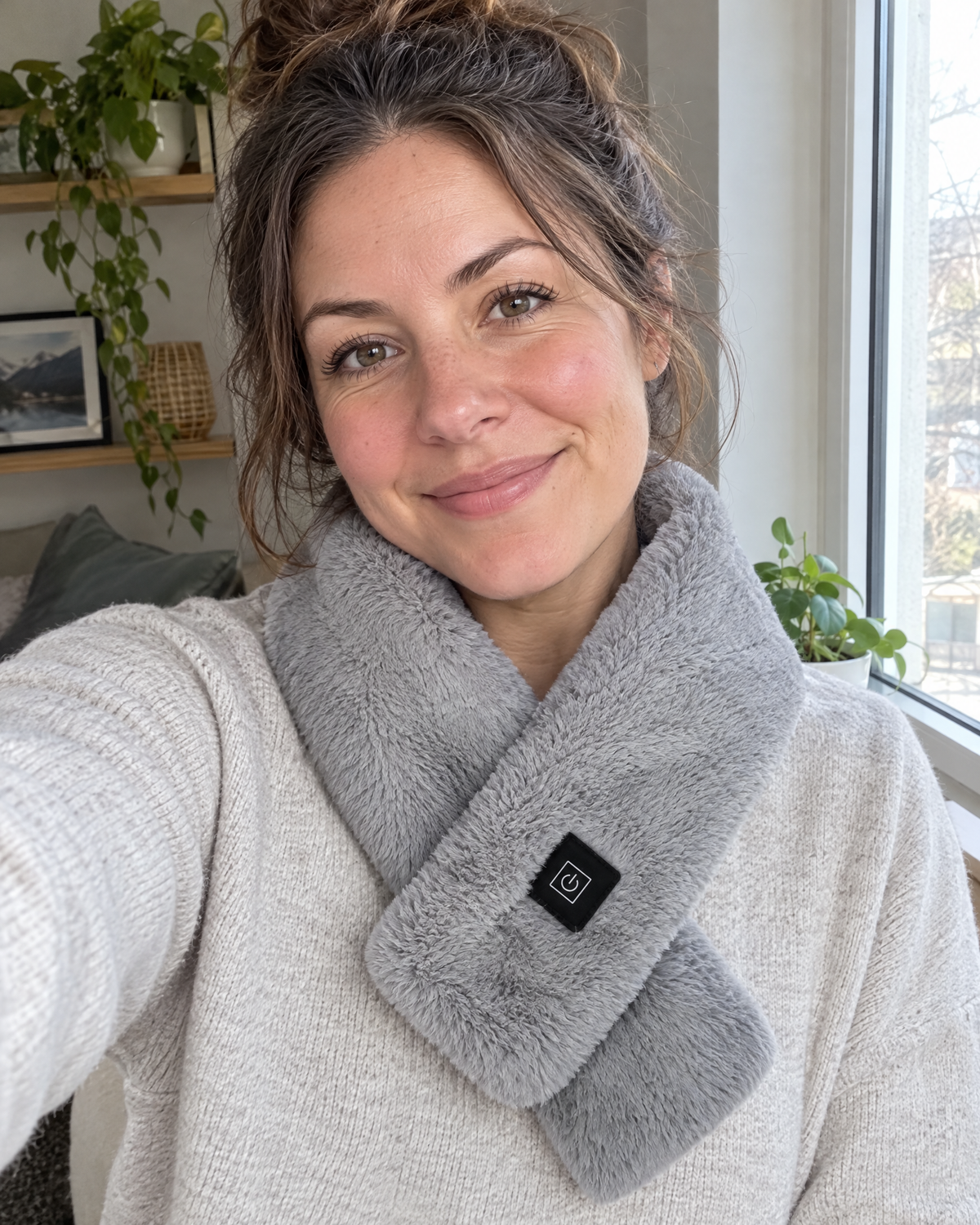Woman smiling in a selfie wearing the grey Cinderly USB heated scarf