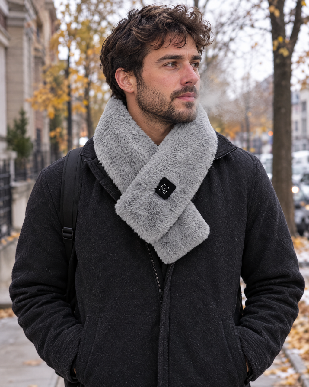 Man outside on a cold autumn street wearing the grey Cinderly USB heated scarf