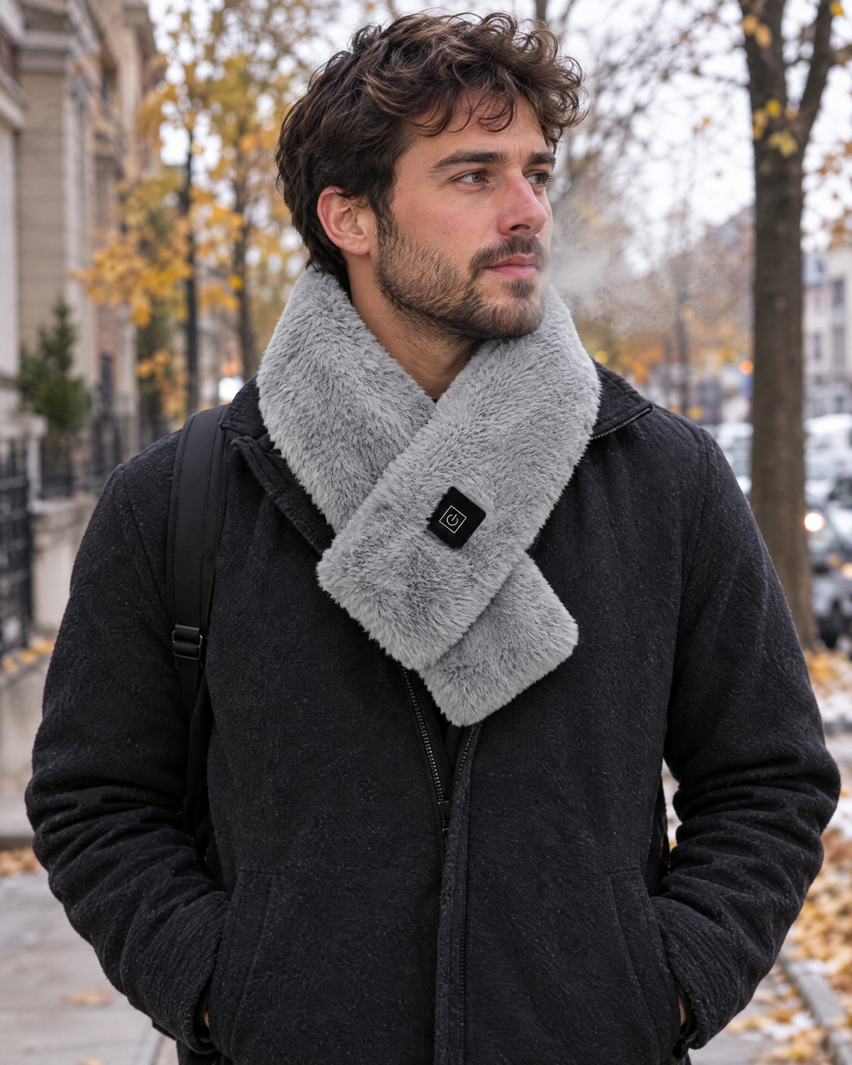 Man outside on a cold autumn street wearing the grey Cinderly USB heated scarf