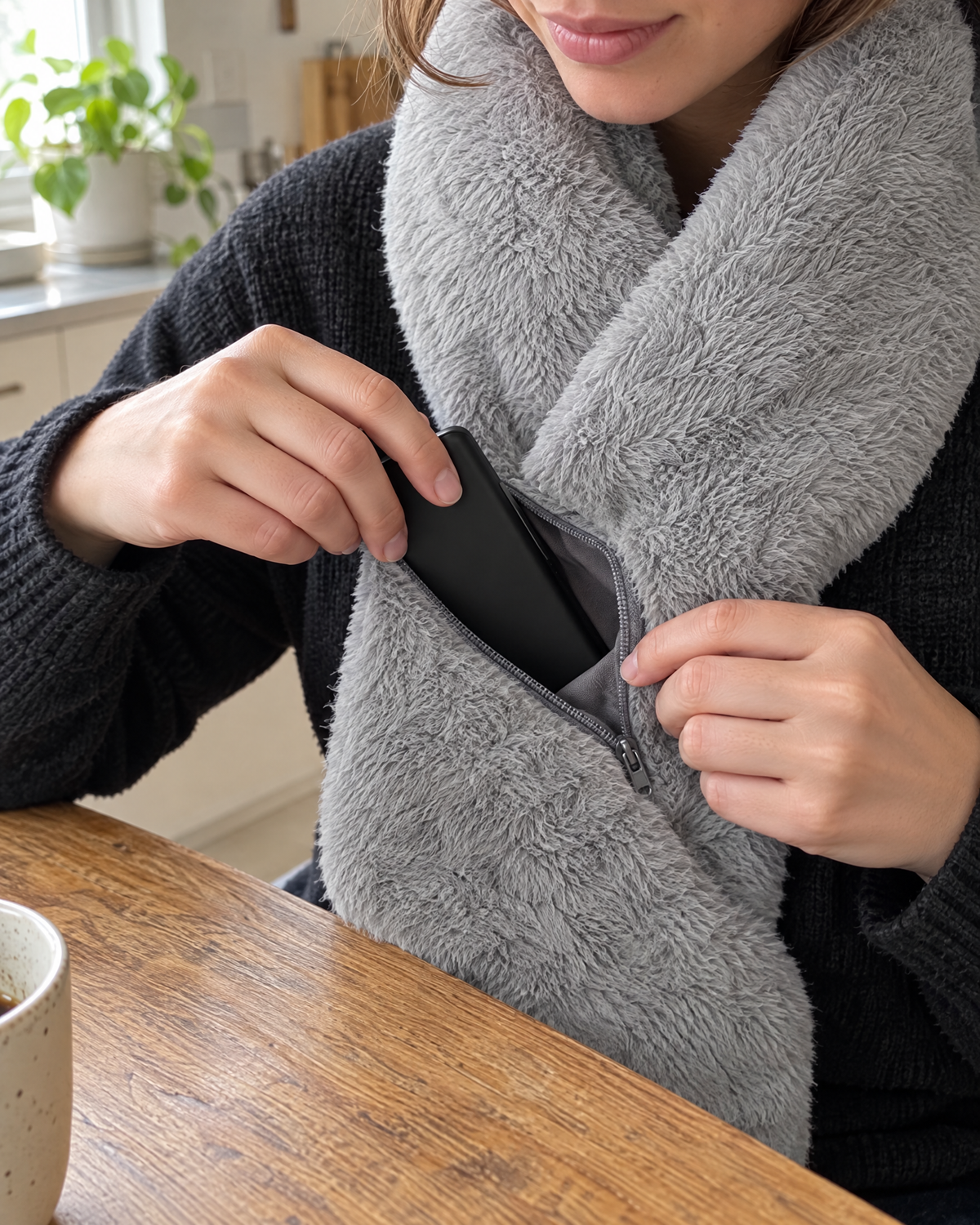 Hands sliding a power bank into the inner pocket of the grey Cinderly scarf