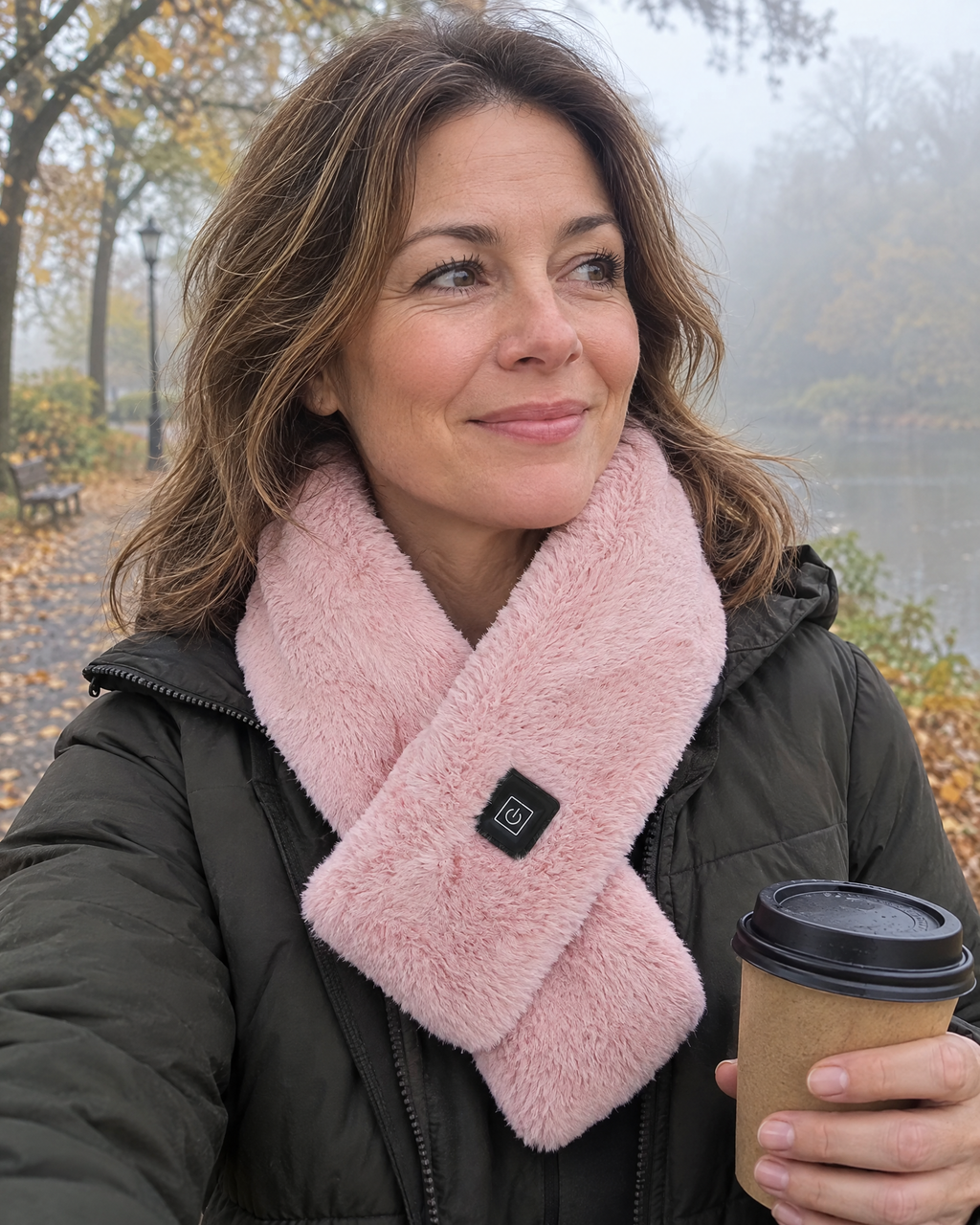 Woman on an autumn walk with a coffee wearing the pink Cinderly USB heated scarf