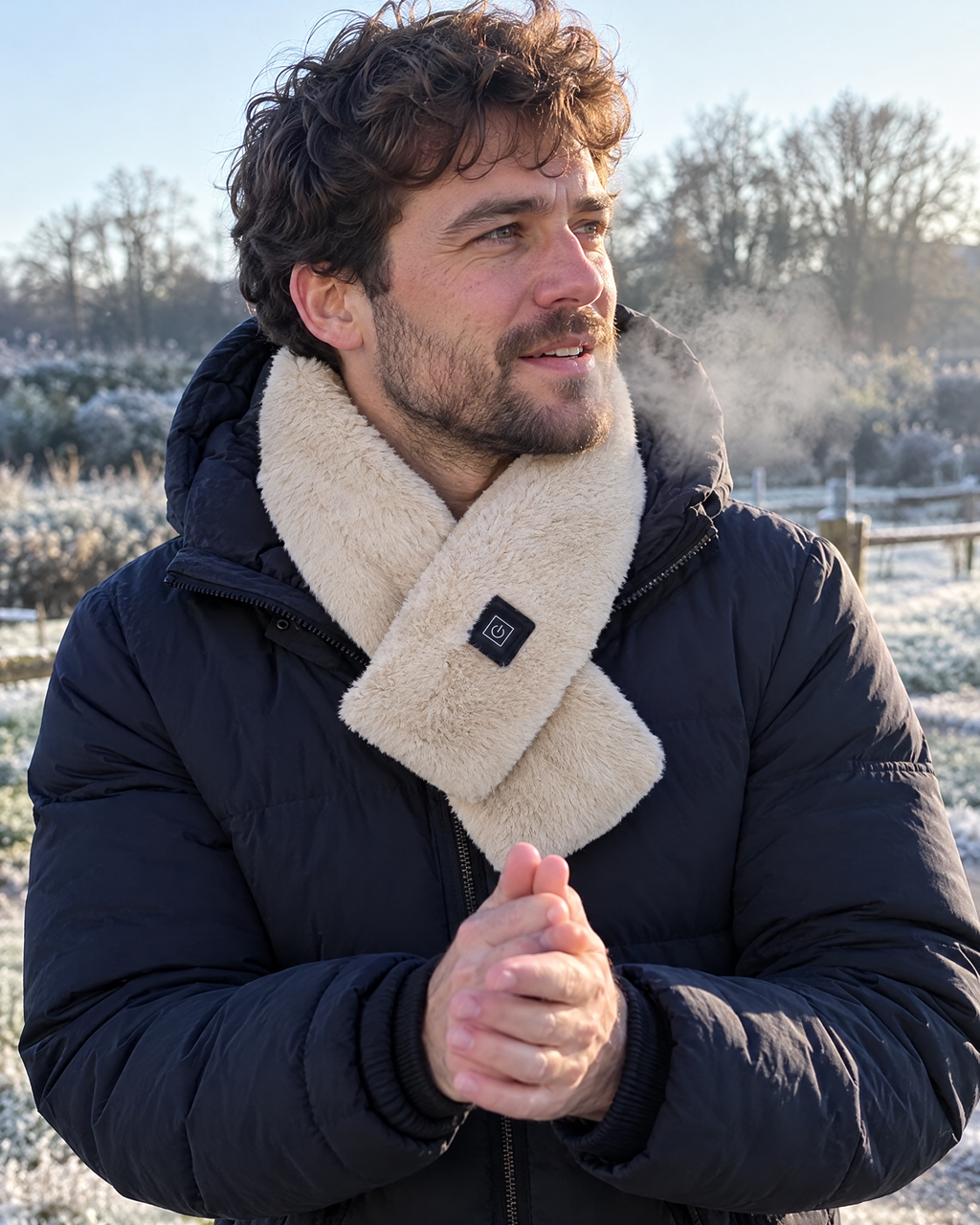 Man rubbing his hands on a frosty morning wearing the camel Cinderly USB heated scarf